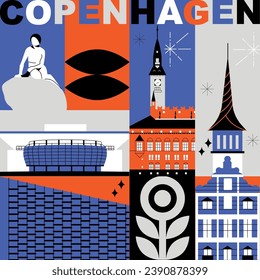 Typography word "Copenhagen" branding technology concept. Collection of flat vector web icons. Culture travel set, famous architectures, specialties detailed silhouette. Denmark famous landmark