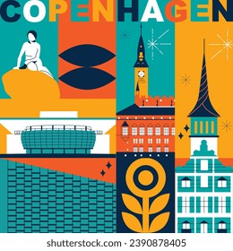 Typography word "Copenhagen" branding technology concept. Collection of flat vector web icons. Culture travel set, famous architectures, specialties detailed silhouette. Denmark famous landmark