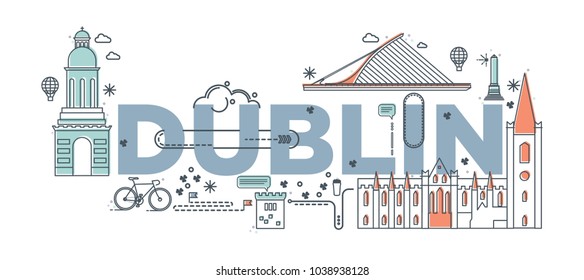 Typography word "Dublin" branding technology concept. Culture travel set, famous architectures, specialties in flat design. Ireland Business travel, tourism idea. Image for presentation, banner, web