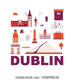 Typography word "Dublin" branding technology concept. Culture travel set, famous architectures, specialties in flat design. Ireland Business travel, tourism idea. Image for presentation, banner, web