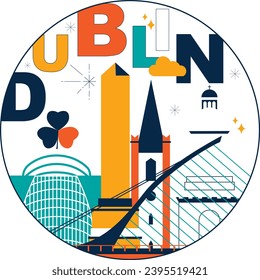 Typography word Dublin branding technology concept. Culture travel set, famous architectures, lat design. Ireland Business travel, tourism idea. Image for presentation, banner, web, split video screen