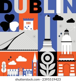 Typography word Dublin branding technology concept. Culture travel set, famous architectures, lat design. Ireland Business travel, tourism idea. Image for presentation, banner, web, split video screen