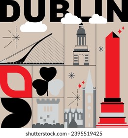 Typography word Dublin branding technology concept. Culture travel set, famous architectures, lat design. Ireland Business travel, tourism idea. Image for presentation, banner, web, split video screen