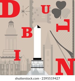 Typography word Dublin branding technology concept. Culture travel set, famous architectures, lat design. Ireland Business travel, tourism idea. Image for presentation, banner, web, split video screen