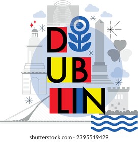 Typography word Dublin branding technology concept. Culture travel set, famous architectures, lat design. Ireland Business travel, tourism idea. Image for presentation, banner, web, split video screen