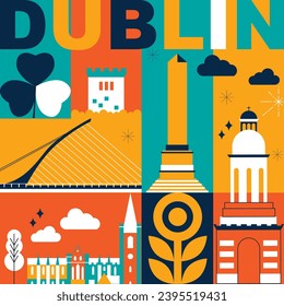 Typography word Dublin branding technology concept. Culture travel set, famous architectures, lat design. Ireland Business travel, tourism idea. Image for presentation, banner, web, split video screen