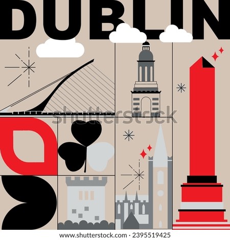 Typography word Dublin branding technology concept. Culture travel set, famous architectures, lat design. Ireland Business travel, tourism idea. Image for presentation, banner, web, split video screen