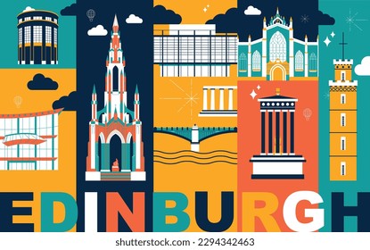 Typography word Edinburgh branding technology concept. Collection of flat vector web icons. Scotland culture travel set, architectures, specialties detailed silhouette. Doodle European famous landmark