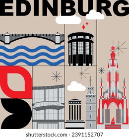 Typography word Edinburgh branding technology concept. Collection of flat vector web icons. Scotland culture travel set, architectures, specialties detailed silhouette. Doodle European famous landmark