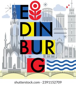 Typography word Edinburgh branding technology concept. Collection of flat vector web icons. Scotland culture travel set, architectures, specialties detailed silhouette. Doodle European famous landmark
