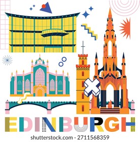 Tipografía palabra concepto de tecnología de marca de Edimburgo. Colección de iconos planos de la web del Vector. Conjunto de viaje de la cultura de Escocia, arquitecturas, silueta detallada de Memphis. Doodle Lugar famoso europeo famoso