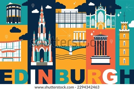 Typography word Edinburgh branding technology concept. Collection of flat vector web icons. Scotland culture travel set, architectures, specialties detailed silhouette. Doodle European famous landmark
