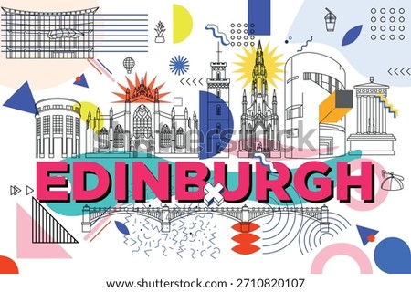 Typography word Edinburgh branding technology concept. Collection of flat vector web icons. Scotland culture travel set, architectures, Memphis detailed silhouette. Doodle European famous landmark