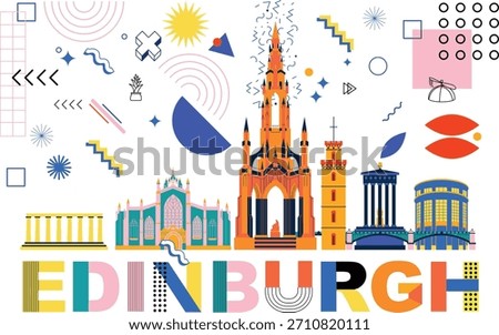 Typography word Edinburgh branding technology concept. Collection of flat vector web icons. Scotland culture travel set, architectures, Memphis detailed silhouette. Doodle European famous landmark