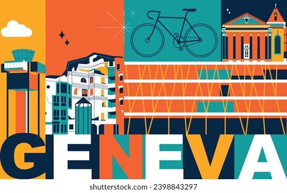 Typography word "Geneva" branding technology concept. Collection of flat vector web icons. Culture travel set, famous architectures, specialties detailed silhouette. Switzerland famous landmark