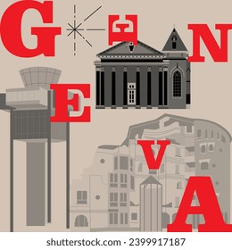 Typography word "Geneva" branding technology concept. Collection of flat vector web icons. Culture travel set, famous architectures, specialties detailed silhouette. Switzerland famous landmark