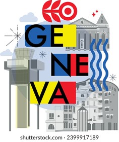 Typography word "Geneva" branding technology concept. Collection of flat vector web icons. Culture travel set, famous architectures, specialties detailed silhouette. Switzerland famous landmark
