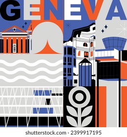 Typography word "Geneva" branding technology concept. Collection of flat vector web icons. Culture travel set, famous architectures, specialties detailed silhouette. Switzerland famous landmark