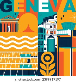 Typography word "Geneva" branding technology concept. Collection of flat vector web icons. Culture travel set, famous architectures, specialties detailed silhouette. Switzerland famous landmark