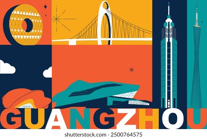 Palabra de tipografía concepto de tecnología de marca de Guangzhou. Colección de iconos planos de la web del Vector. Conjunto de viaje de la cultura china, arquitecturas, especialidades silueta detallada. Doodle China Lugares famosos famosos.