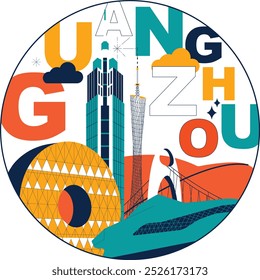 Palabra de tipografía concepto de tecnología de marca de Guangzhou. Colección de iconos planos de la web del Vector. Conjunto de viaje de la cultura china, arquitecturas, especialidades silueta detallada. Doodle China Lugares famosos famosos.