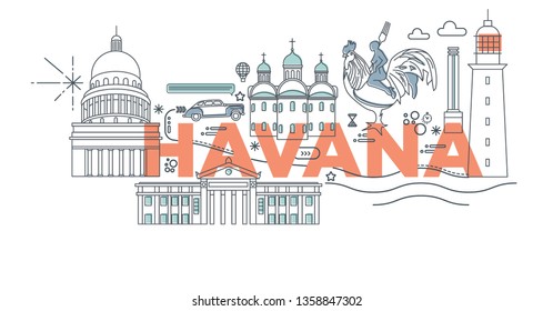 Typography word Havana branding technology concept. Collection of flat vector web icons. Cuban culture travel set, architectures, specialties detailed silhouette. Doodle famous landmarks.