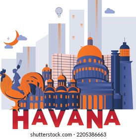 Typography word Havana branding technology concept. Collection of flat vector web icons. Cuban culture travel set, architectures, specialties detailed silhouette. Doodle famous landmarks.