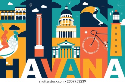 Typography word Havana branding technology concept. Collection of flat vector web icons. Cuban culture travel set, architectures, specialties detailed silhouette. Doodle famous landmarks.