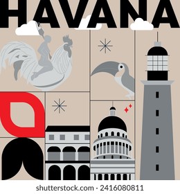 Typography word Havana branding technology concept. Collection of flat vector web icons. Cuban culture travel set, architectures, specialties detailed silhouette. Doodle famous landmarks.