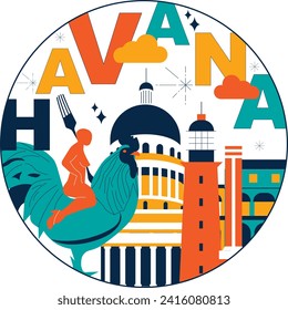 Typography word Havana branding technology concept. Collection of flat vector web icons. Cuban culture travel set, architectures, specialties detailed silhouette. Doodle famous landmarks.