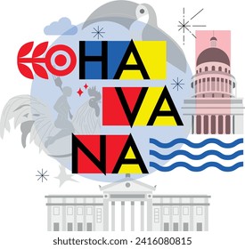 Typography word Havana branding technology concept. Collection of flat vector web icons. Cuban culture travel set, architectures, specialties detailed silhouette. Doodle famous landmarks.