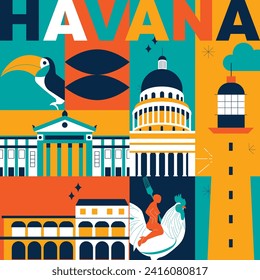 Typography word Havana branding technology concept. Collection of flat vector web icons. Cuban culture travel set, architectures, specialties detailed silhouette. Doodle famous landmarks.