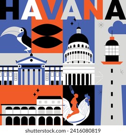 Typography word Havana branding technology concept. Collection of flat vector web icons. Cuban culture travel set, architectures, specialties detailed silhouette. Doodle famous landmarks.