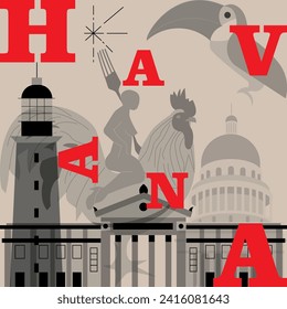 Typography word Havana branding technology concept. Collection of flat vector web icons. Cuban culture travel set, architectures, specialties detailed silhouette. Doodle famous landmarks.