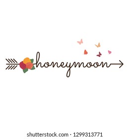 typography: word honeymoon as a part of arrow with butterflies and colorful 