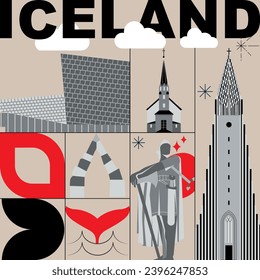 Typography word Iceland branding technology concept. Collection of flat vector web icons. Scandinavia culture travel set, famous architectures, specialties detailed silhouette European famous landmark
