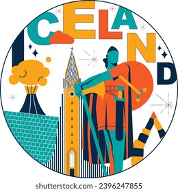 Typography word Iceland branding technology concept. Collection of flat vector web icons. Scandinavia culture travel set, famous architectures, specialties detailed silhouette European famous landmark