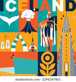 Typography word Iceland branding technology concept. Collection of flat vector web icons. Scandinavia culture travel set, famous architectures, specialties detailed silhouette European famous landmark