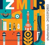 Typography word Izmir branding technology concept. Collection of flat vector web icons. Turkey culture travel set, famous architectures, specialties detailed silhouette Turkish famous landmark	
