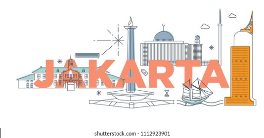 Typography word "Jakarta" branding technology concept. Collection of flat vector web icons. Jakarta culture travel set, famous architectures and specialties detailed silhouette. Asian famous landmark
