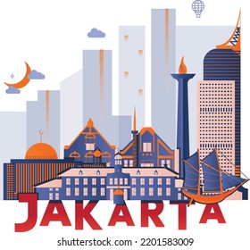 Typography word "Jakarta" branding technology concept. Collection of flat vector web icons. Jakarta culture travel set, famous architectures and specialties detailed silhouette. Asian famous landmark