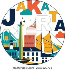 Typografía palabra Jakarta concepto de tecnología de marca, video pantalla dividida. Colección de iconos web vectoriales planos. Juego de viajes culturales, famosas arquitecturas, especialidades y silueta detallada. Un hito asiático.