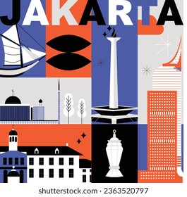 Typography word Jakarta branding technology concept, video split screen. Collection of flat vector web icons. Culture travel set, famous architectures, specialties detailed silhouette. Asian landmark.