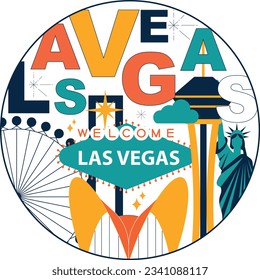 Typography word "Las Vegas" branding technology concept. Collection of flat vector web icons, culture travel set, famous architectures, specialties detailed silhouette. American famous landmark.