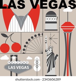 Typography word "Las Vegas" branding technology concept. Collection of flat vector web icons, culture travel set, famous architectures, specialties detailed silhouette. American famous landmark.