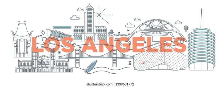 Typography word Los Angeles branding technology concept. Collection of flat vector web icons. American culture travel set, architectures, specialties detailed silhouette. Doodle famous landmarks.