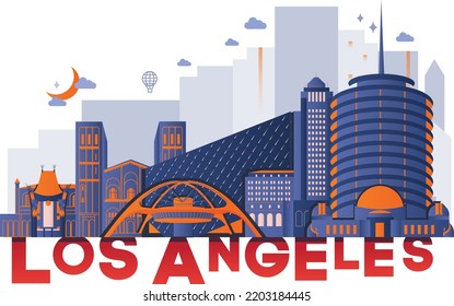 Typography word Los Angeles branding technology concept. Collection of flat vector web icons. American culture travel set, architectures, specialties detailed silhouette. Doodle famous landmarks.