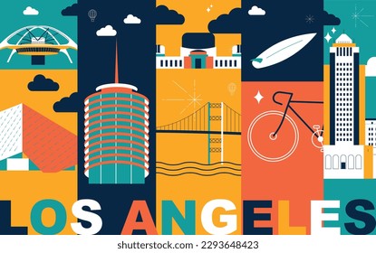 Typography word Los Angeles branding technology concept. Collection of flat vector web icons. American culture travel set, architectures, specialties detailed silhouette. Doodle famous landmarks.