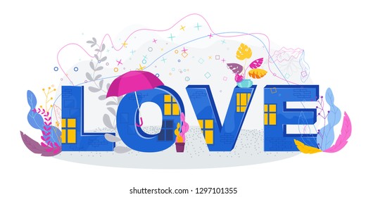 Typography with the word LOVE. Letters in the form of walls of houses with lighted windows. For a greeting card to Valentine Day.