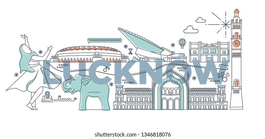 Typography word Lucknow branding technology concept. Collection of flat vector web icons. Asian culture travel set, architectures, specialties detailed silhouette. Doodle Indians famous landmarks.